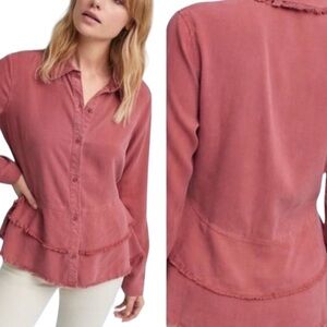 Cloth & Stone Tencel Red Chambray Peplum Button Down Top Frayed Hem Sz XS